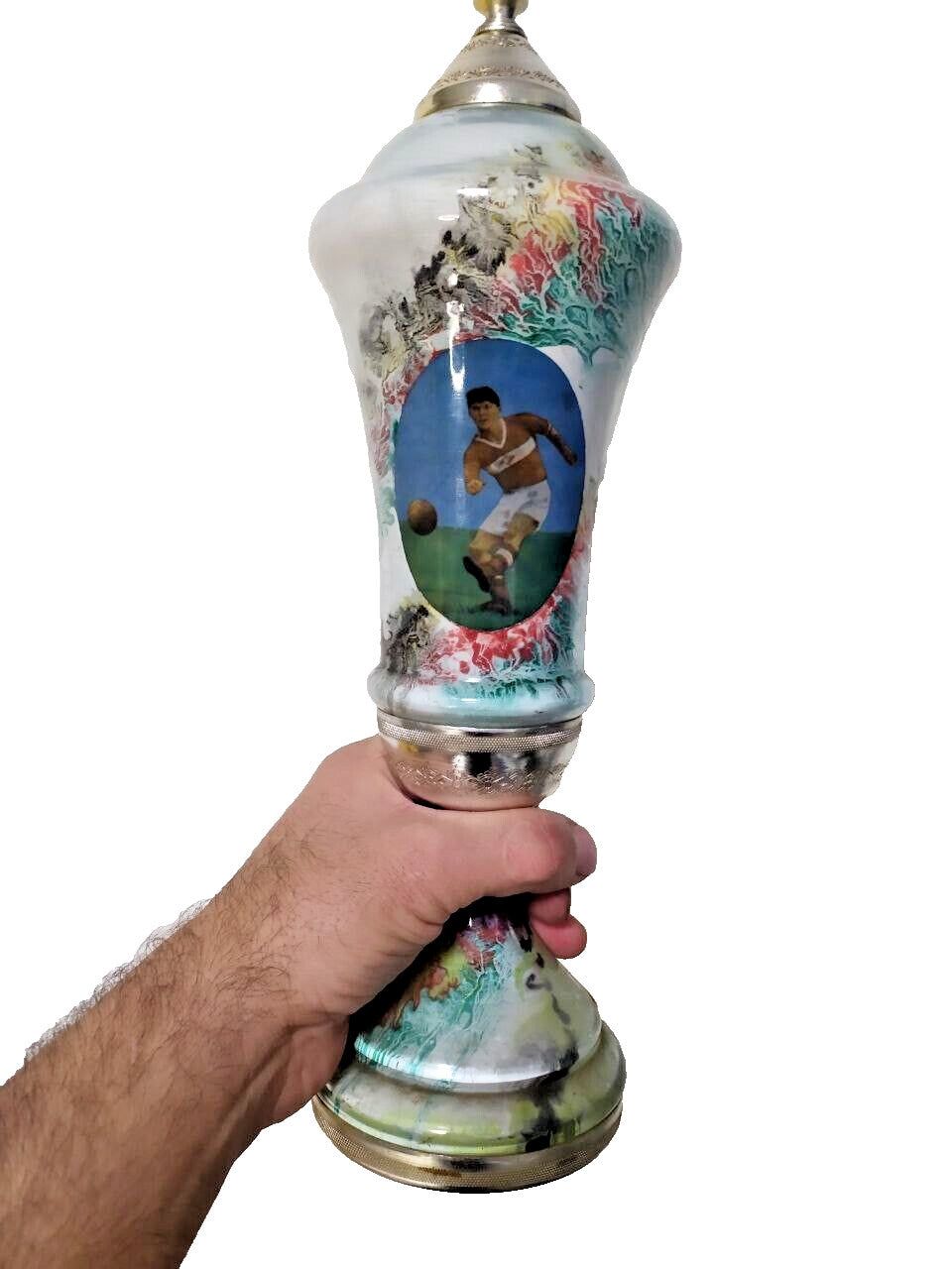 Football trophy cup lid with decorative finial and gold-tone rim