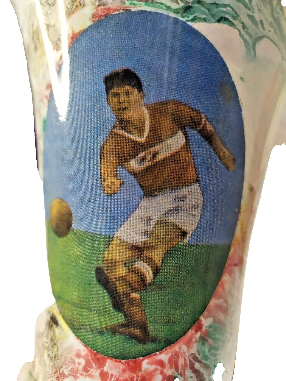 Vintage soccer trophy with marbled green, red and blue glaze – detail 8