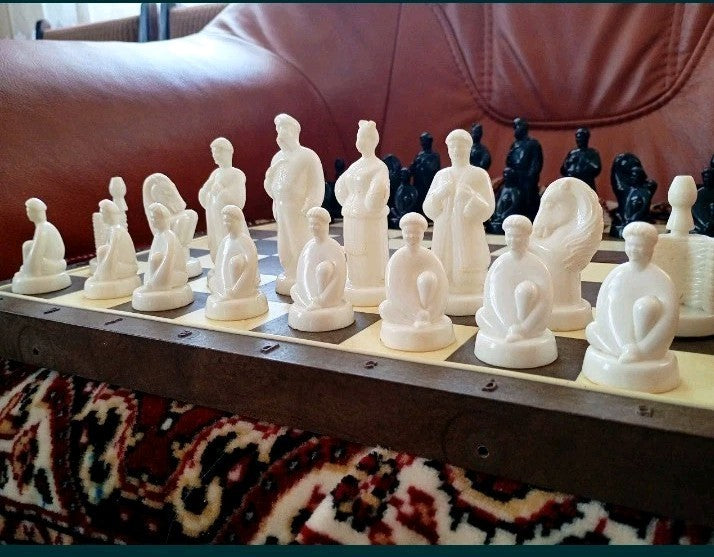 Soviet chess set Cossacks vs Turks with black and white plastic pieces