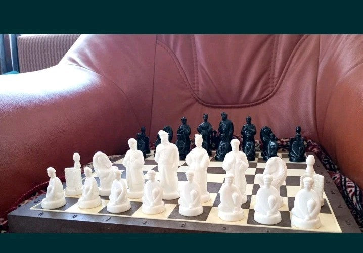 Vintage Soviet chess set close-up of cast figure details