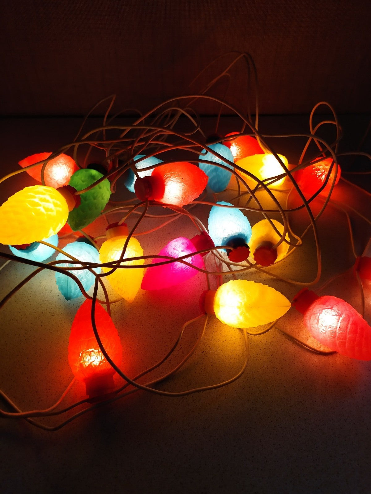 Soviet Christmas lights garland with multicolor pine cone shaped plastic shades