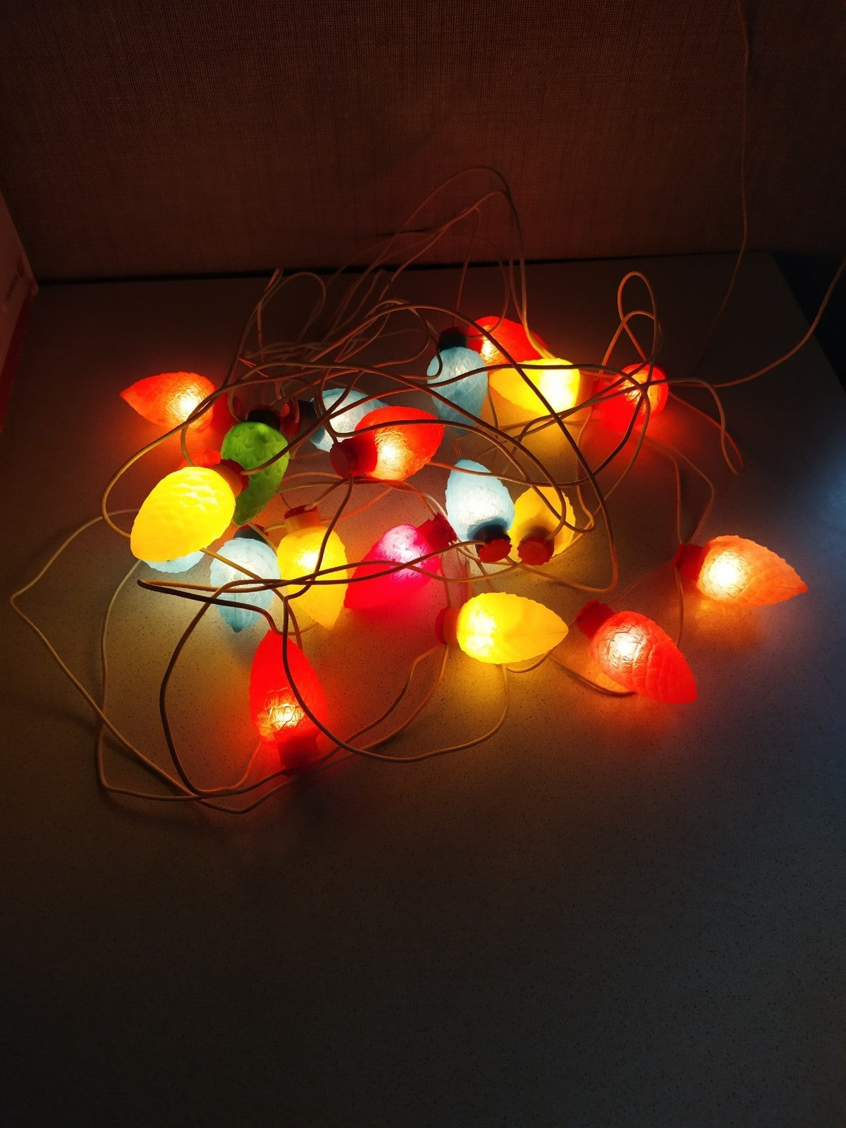 Vintage Soviet garland pine cone lights in red, yellow, blue, green and pink
