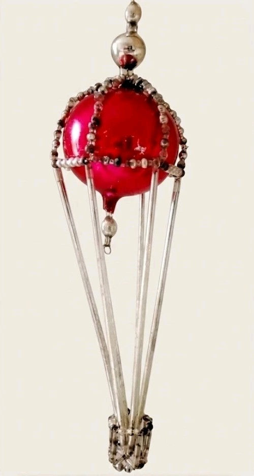 Soviet Christmas ornament shaped as a red and silver glass bead hot air balloon