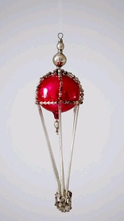 Vintage glass Christmas ornament airship with red ball and silver beads