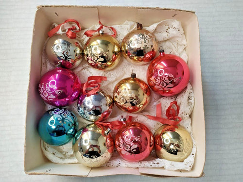 Soviet Christmas ornaments set New Year Carousel, 11 hand-blown glass balls from 1987