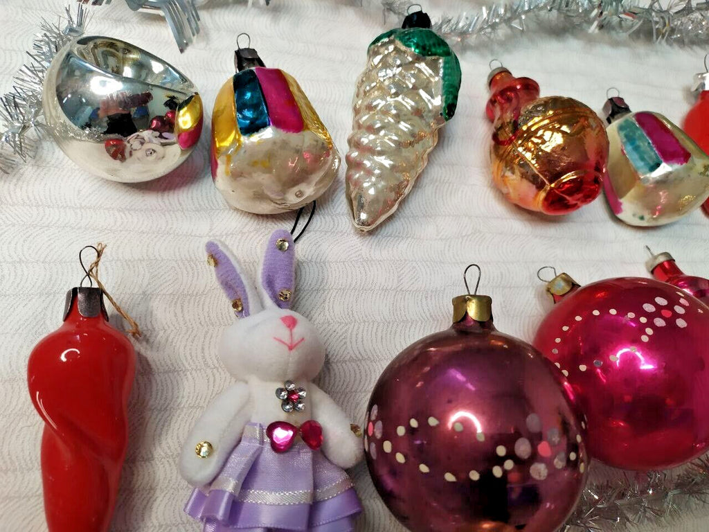 Vintage Soviet Christmas ornaments laid out, showing shapes and colors – detail 10