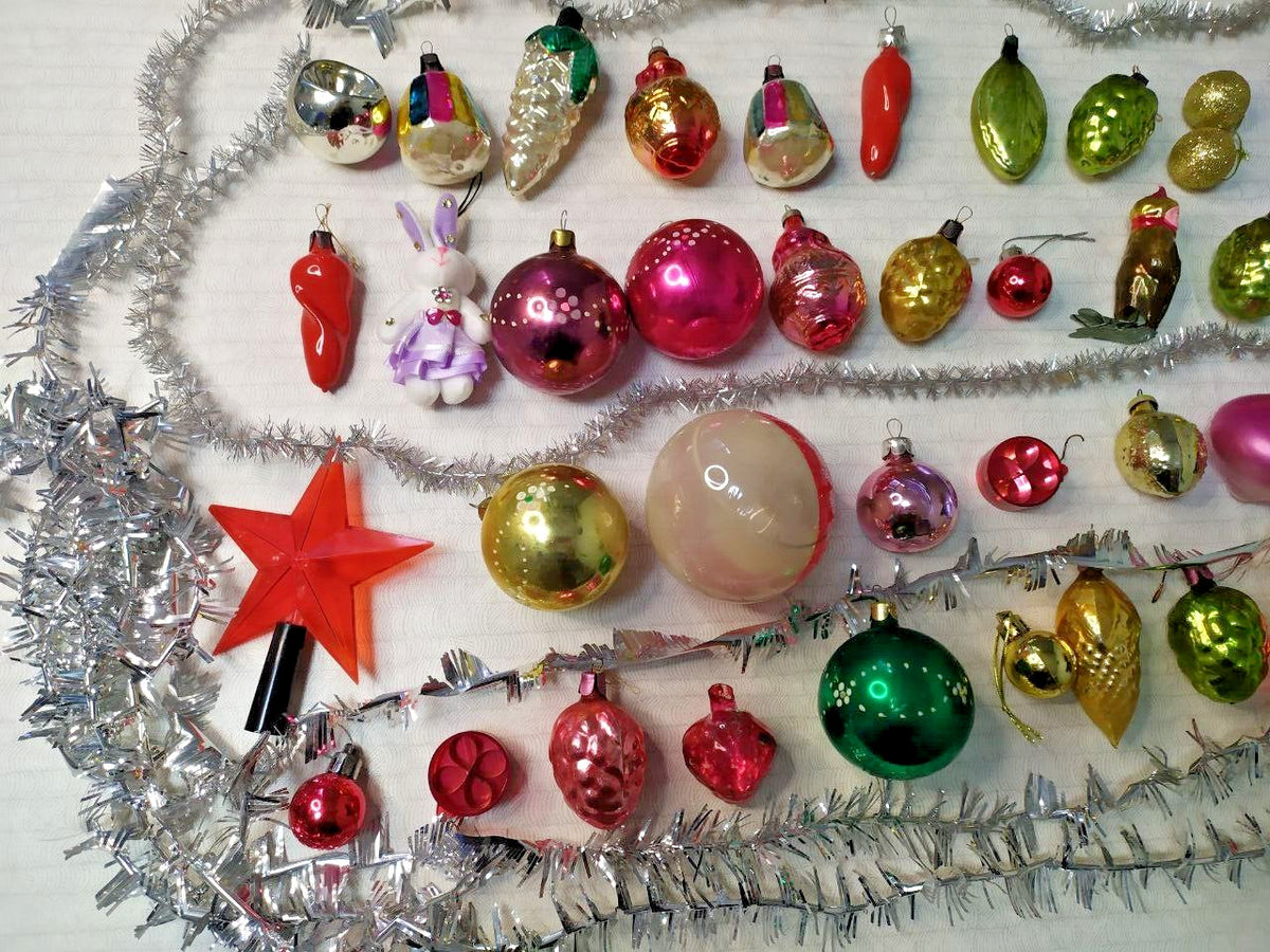 Vintage glass Christmas ornaments set from the USSR, close-up