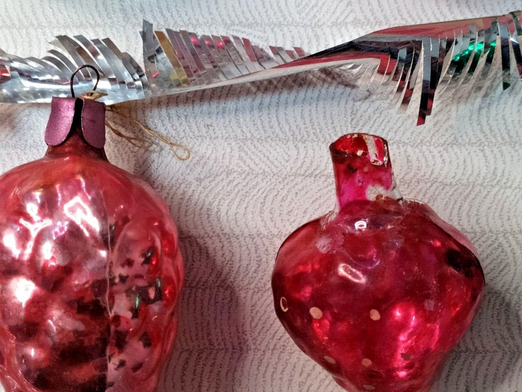 Vintage Soviet Christmas ornaments laid out, showing shapes and colors – detail 7