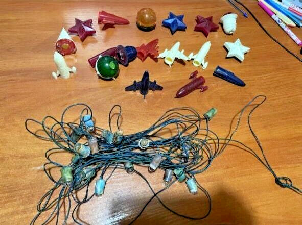 Soviet Christmas tree garland Cosmos with rocket, star and satellite plastic shades