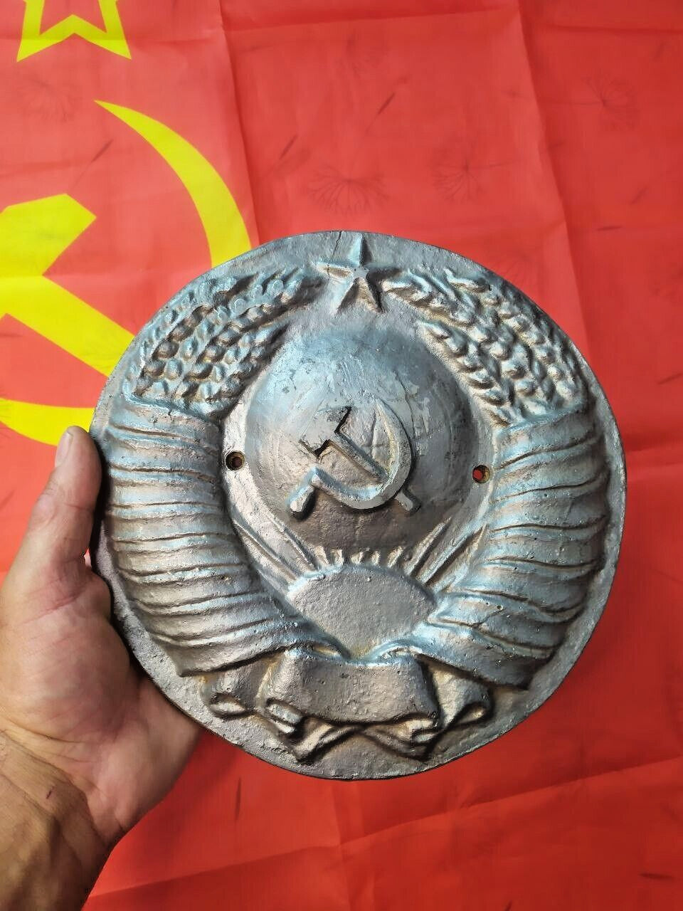 Soviet coat of arms plaque with hammer and sickle over the globe, cast aluminum USSR state emblem