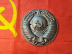 Large USSR state emblem plaque with wheat ears wrapped in ribbons and a five-pointed star