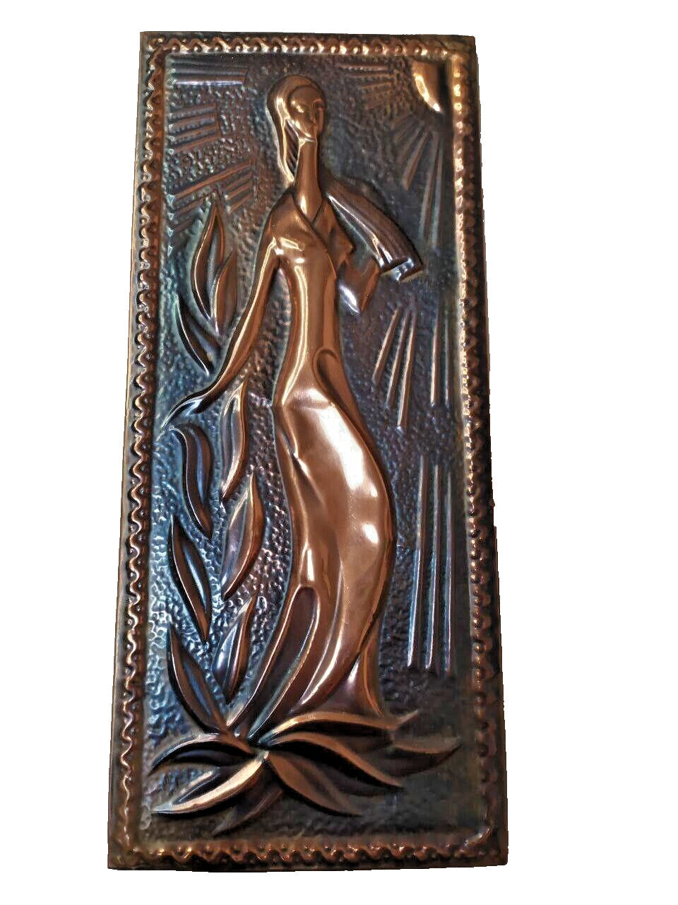 Soviet copper repousse plaque Elegant Muse with stylized woman and sun rays