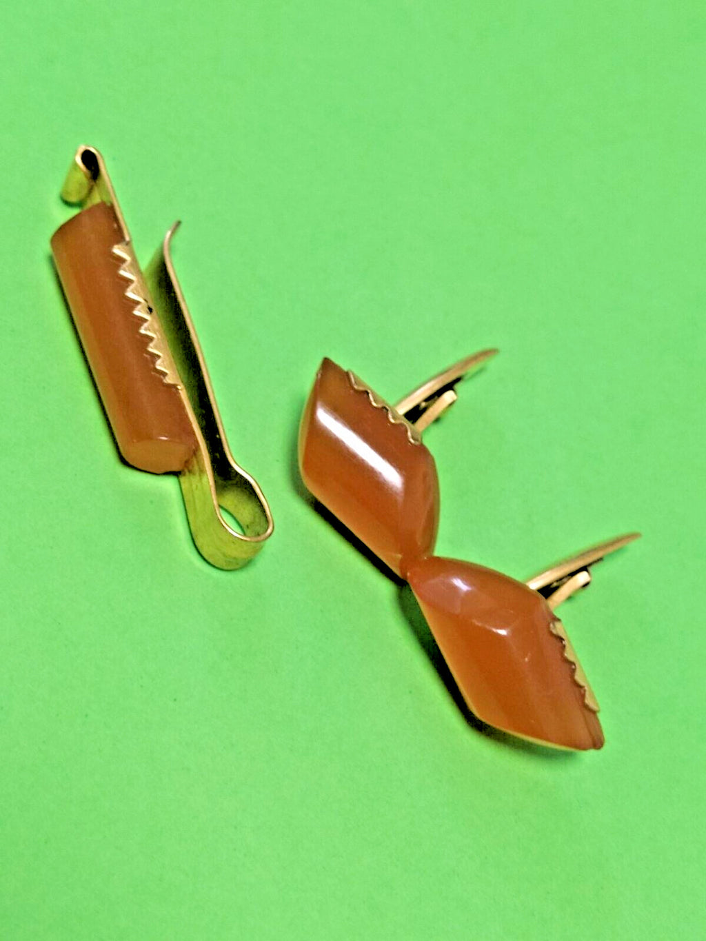 Soviet cufflinks and tie clip set with cognac resin inserts in gold-tone settings
