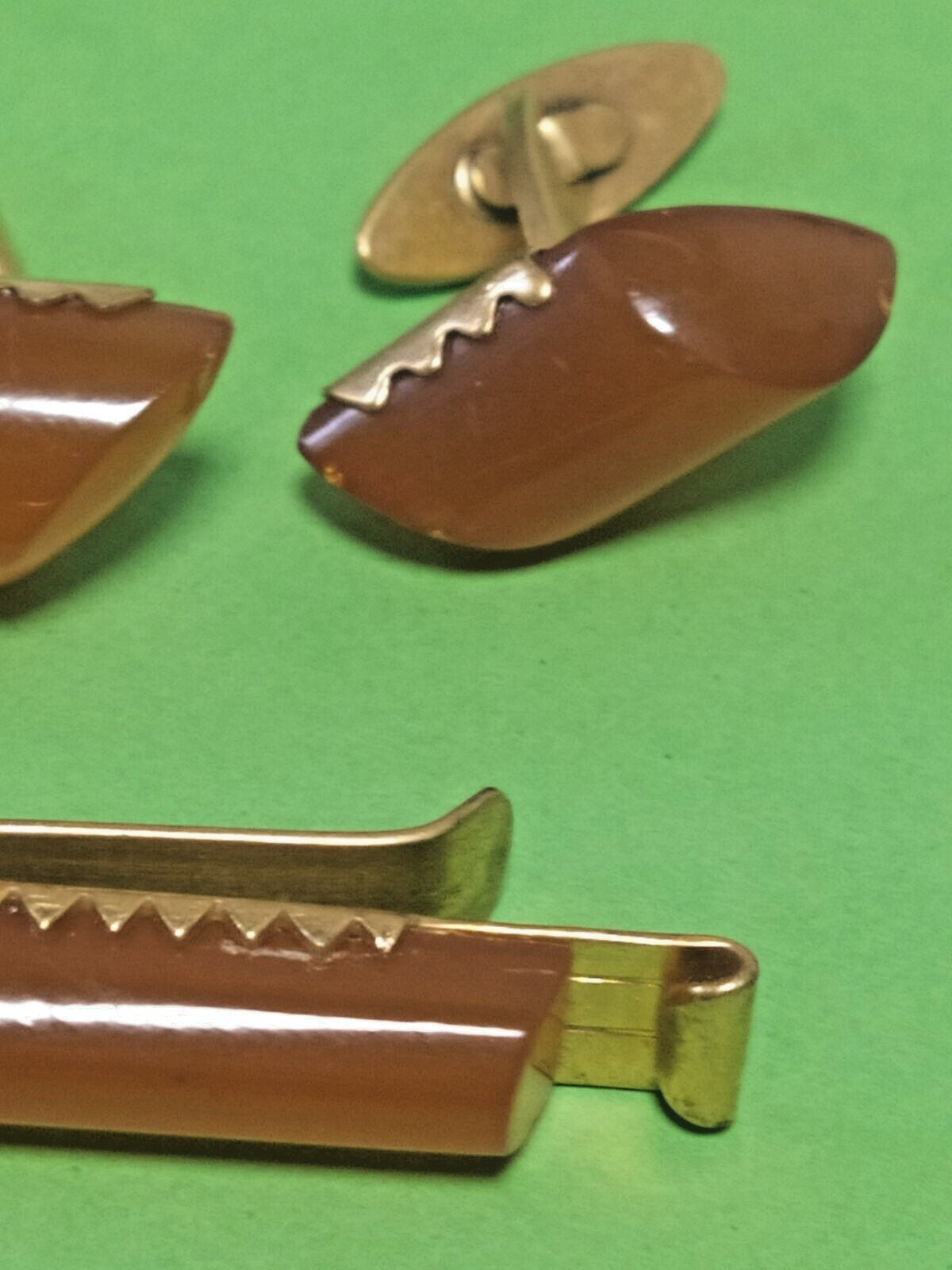 Vintage Soviet tie bar with cognac resin insert and YAKO hallmark – detail 5