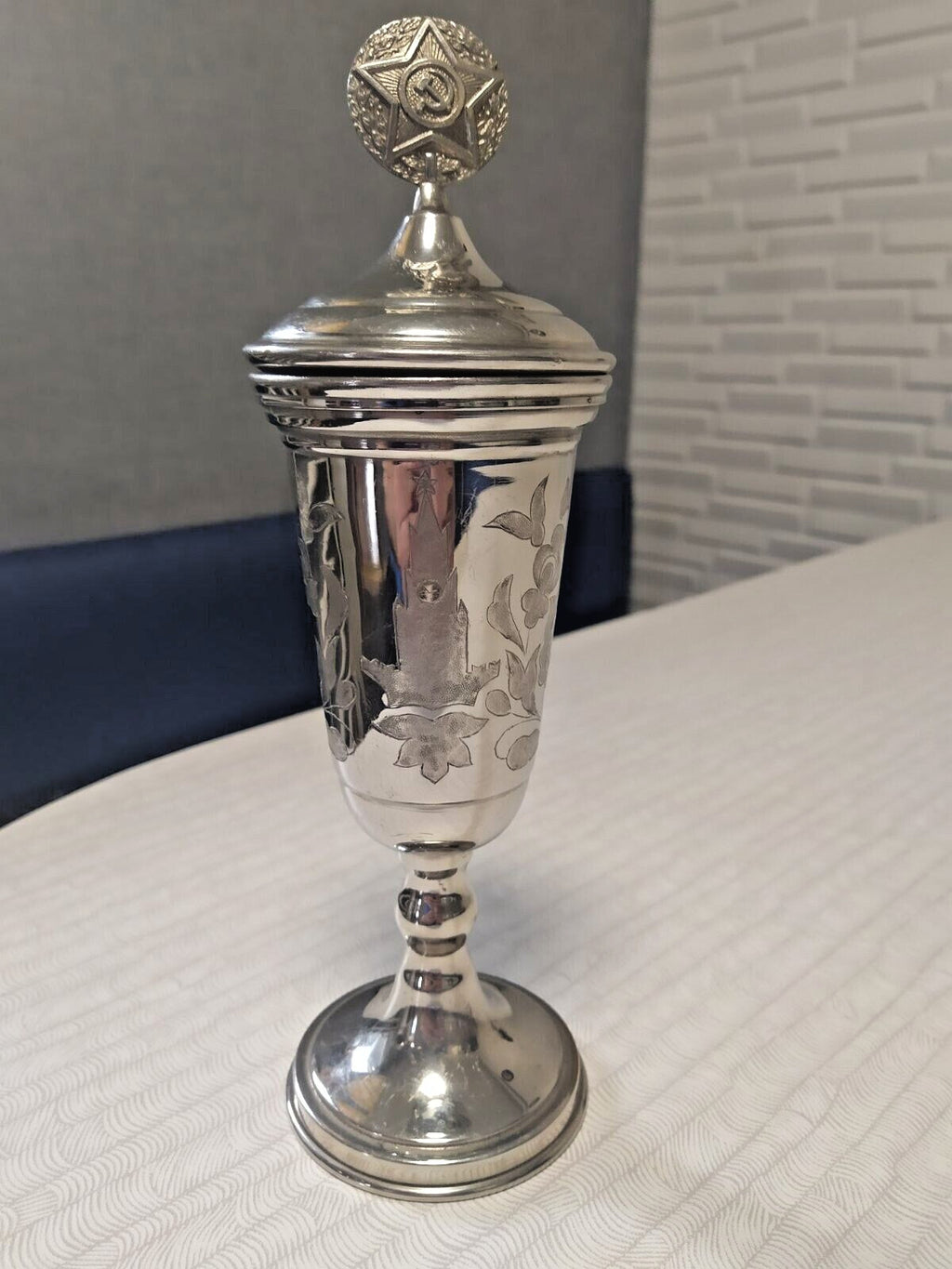 Soviet cupronickel cup with lid, silver-plated goblet with Kremlin Spasskaya Tower engraving
