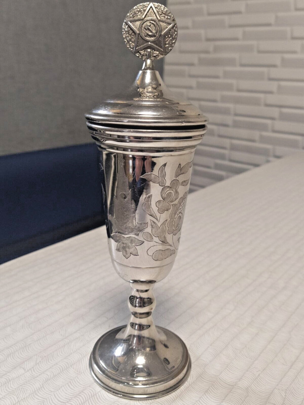 Vintage cupronickel goblet lid with Soviet star, hammer and sickle and laurel wreath