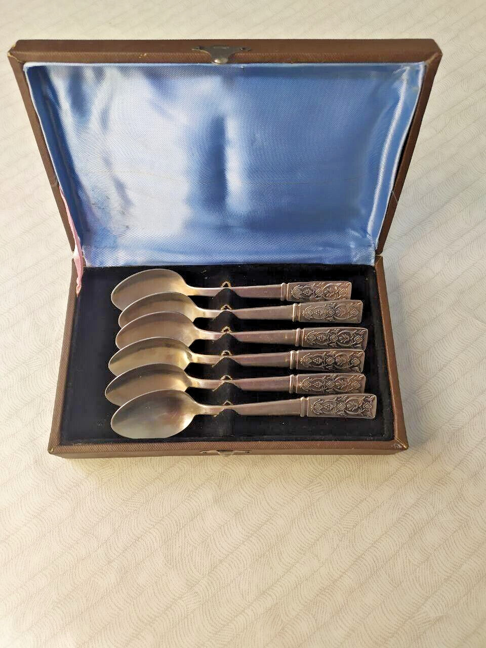Soviet cupronickel tea spoons set of 6 with floral handles in presentation box