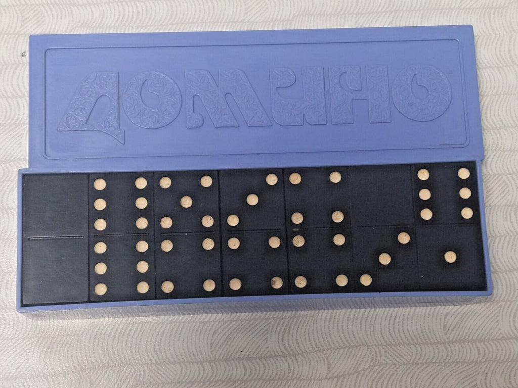 Soviet domino set with black tiles and blue plastic case engraved DOMINO