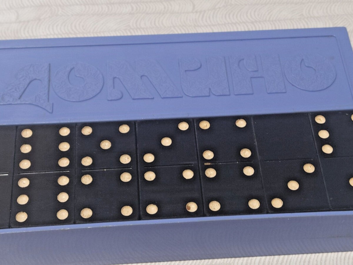 USSR board game blue plastic hard case with DOMINO lid lettering