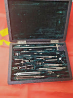 Soviet drafting set Gotovalnya, Moscow, drawing instruments in open velvet-lined case