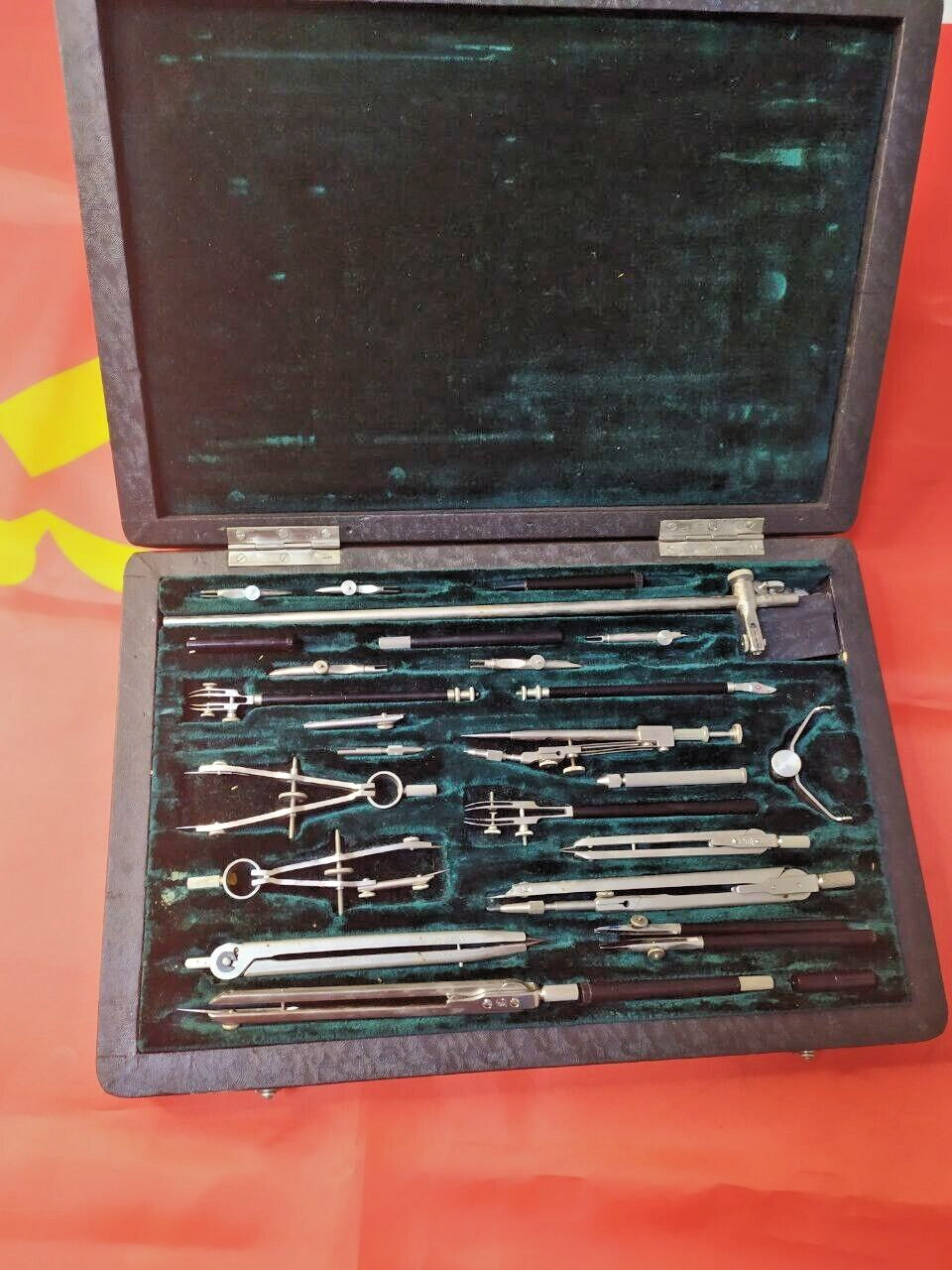 Soviet drafting set Gotovalnya, Moscow, drawing instruments in open velvet-lined case