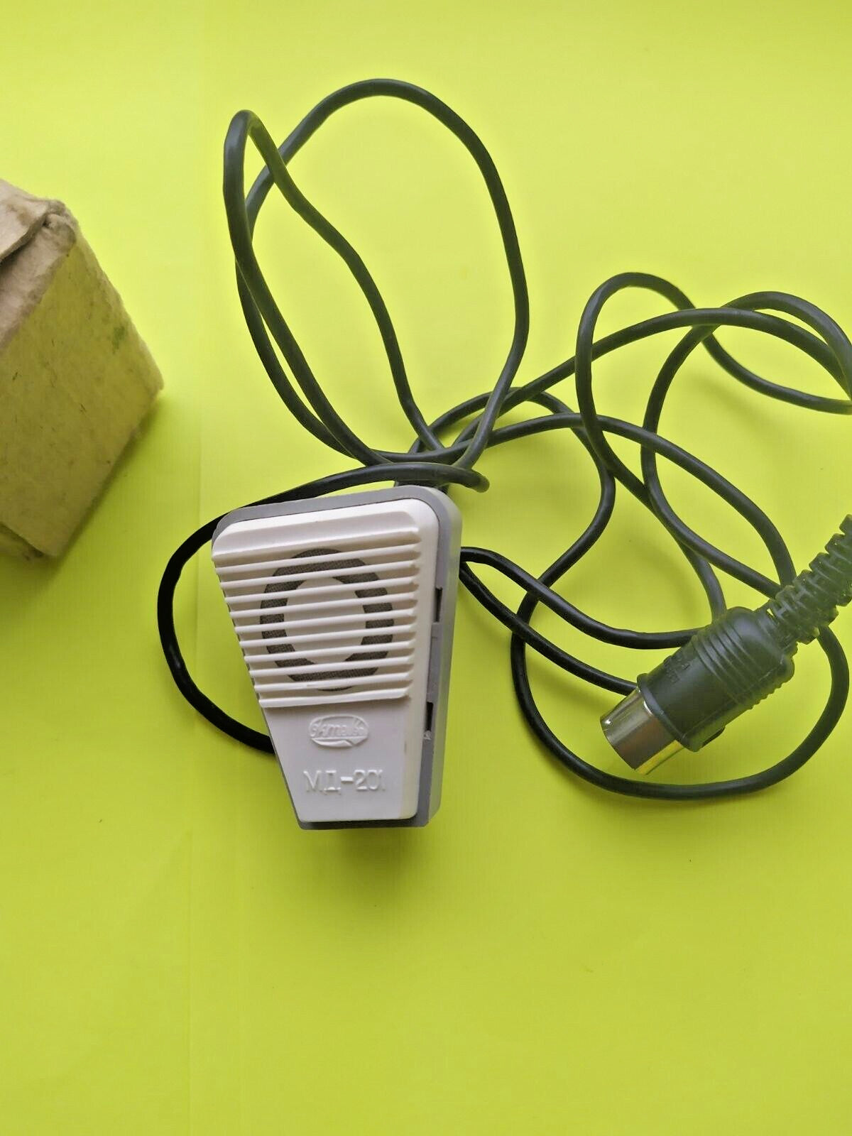 Soviet dynamic microphone MD-201 with trapezoidal plastic body and original cable