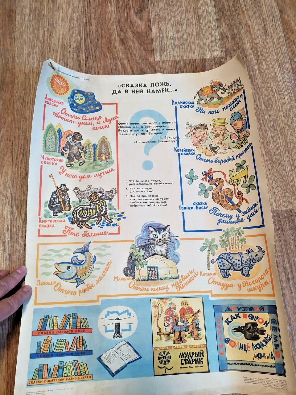 Soviet educational poster 1984 with folk and fairy tale illustrations and Pushkin quote