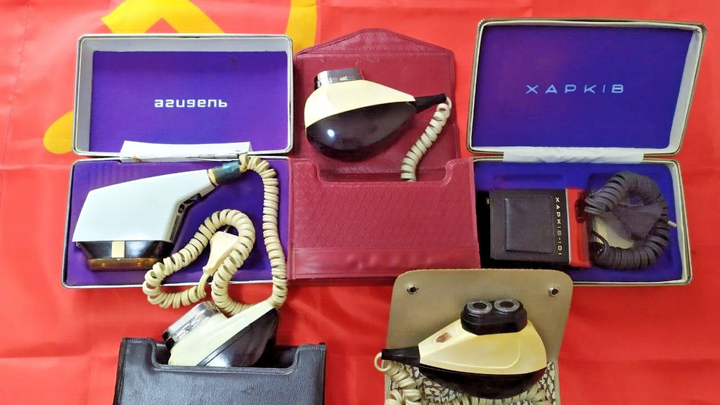 Lot of five Soviet electric shavers by Agidel and Kharkiv with original travel cases