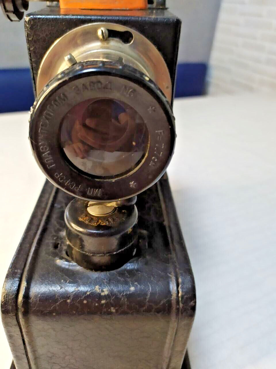 Vintage slide projector from the 1950s USSR with lamp lit during testing – detail 5