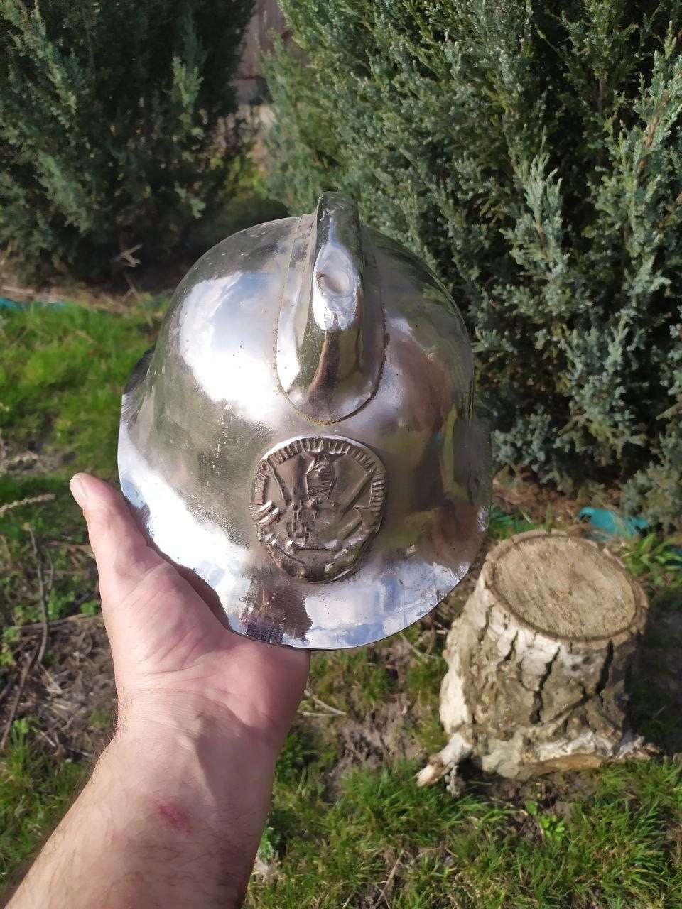 Original leather liner and chin strap inside the Soviet fireman helmet – detail 12