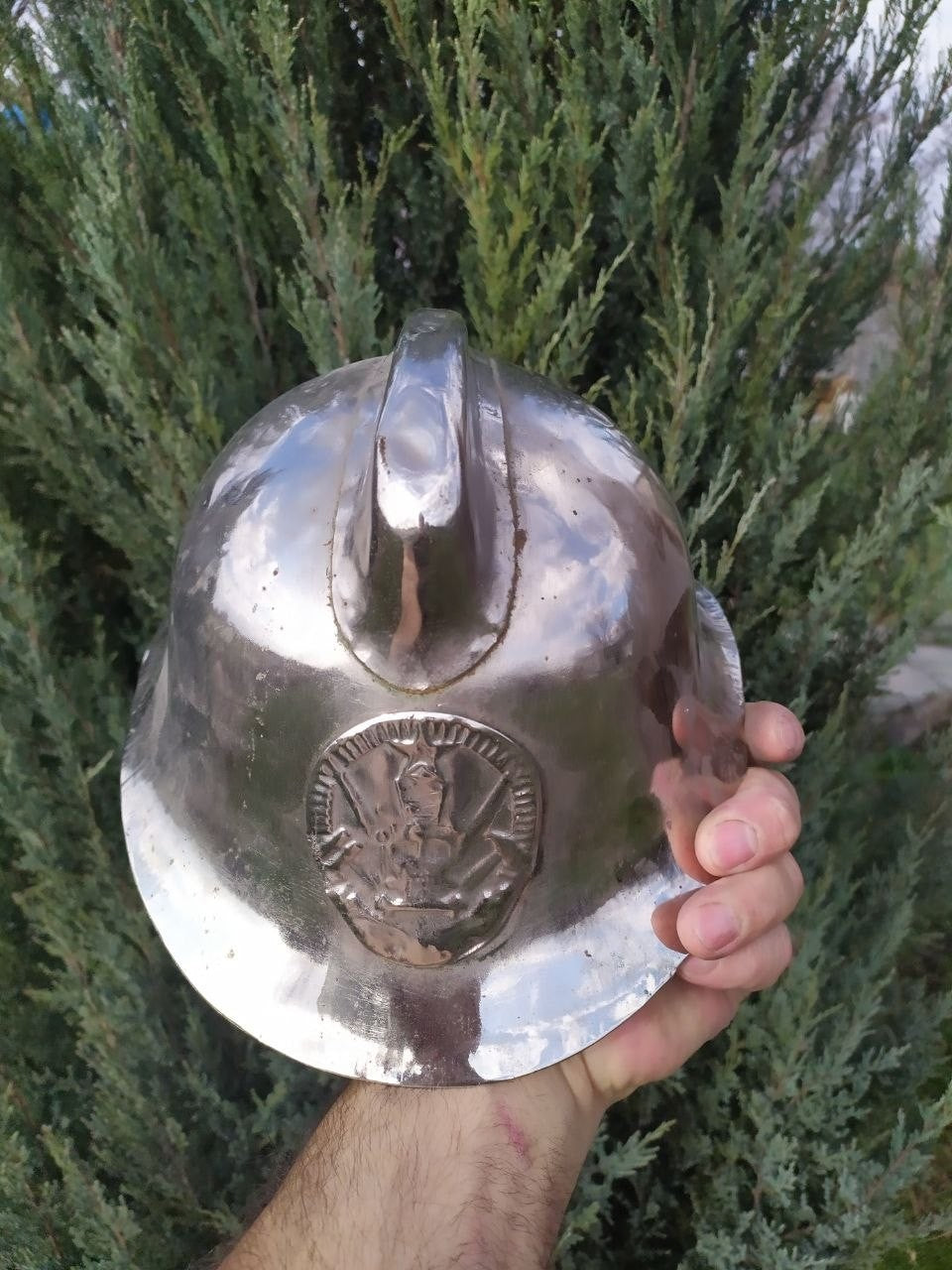 Vintage Soviet helmet for firefighters with metal insignia on the front – detail 14