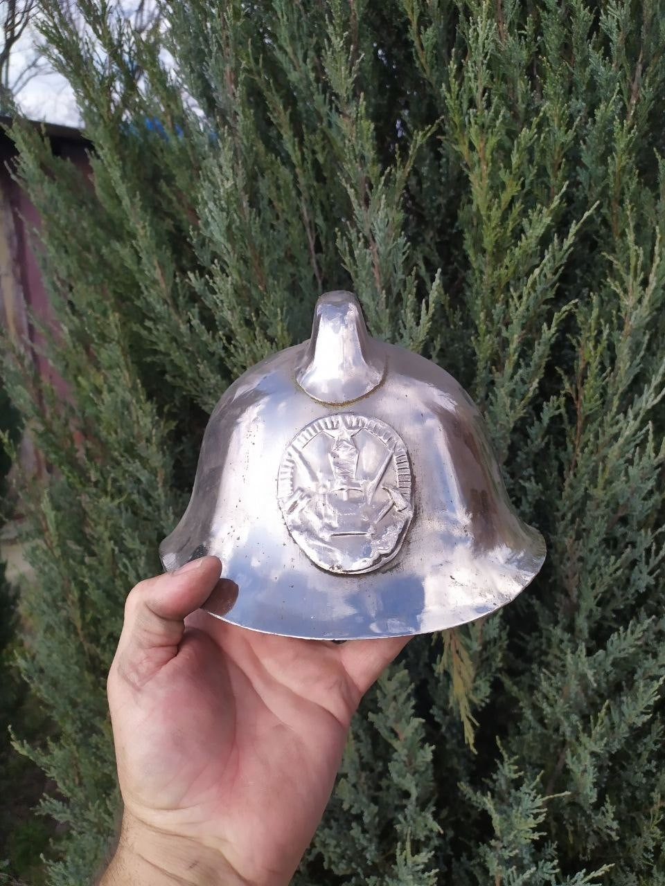 Original leather liner and chin strap inside the Soviet fireman helmet – detail 15