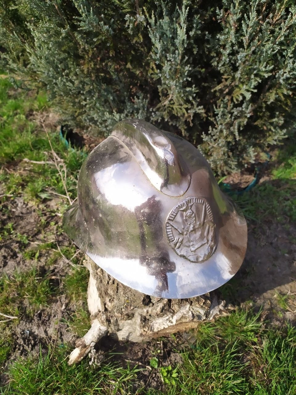 Steel top crest and patina of the 1949 Soviet firefighter helmet
