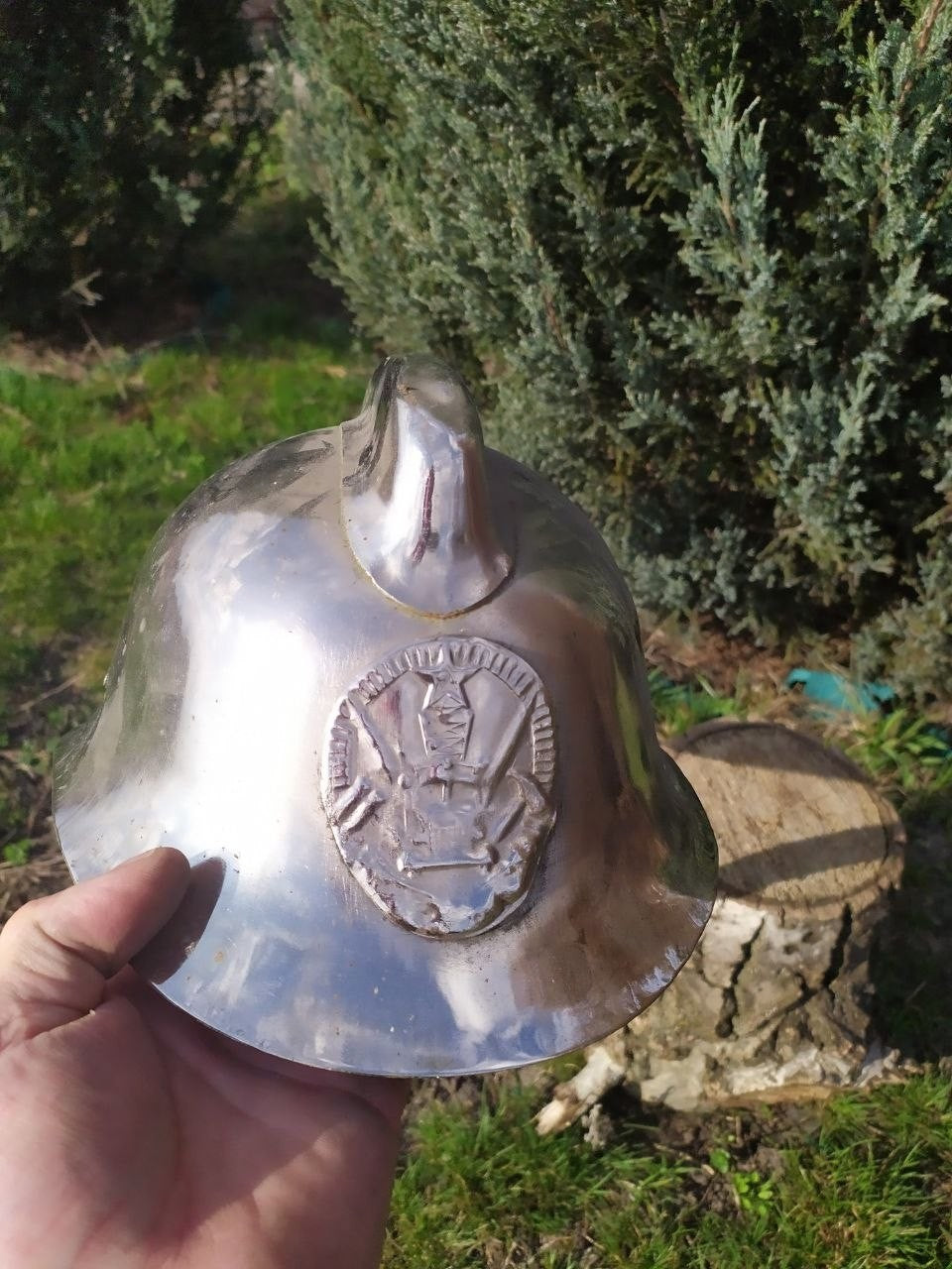 Vintage Soviet helmet for firefighters with metal insignia on the front – detail 5