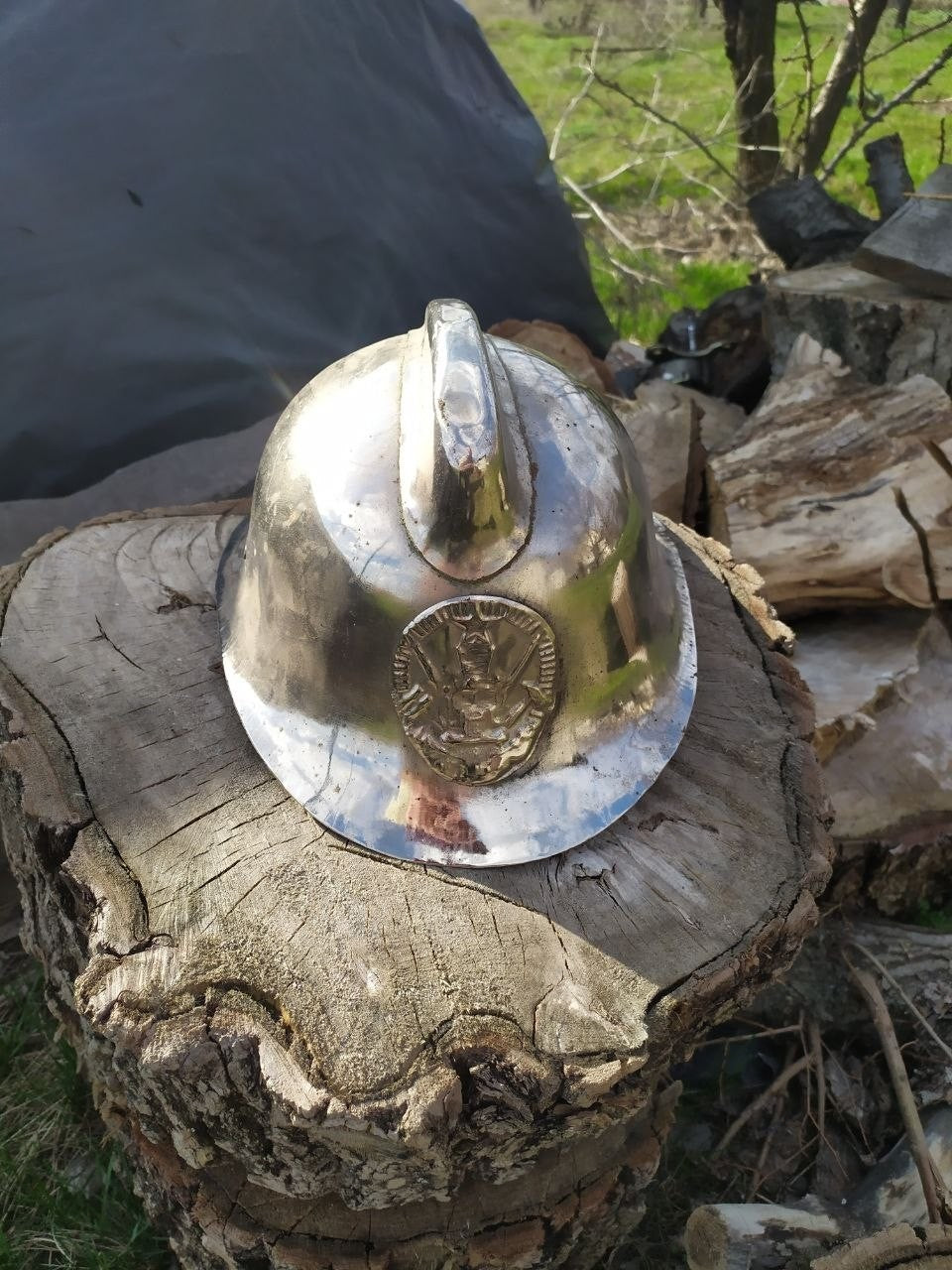 Original leather liner and chin strap inside the Soviet fireman helmet – detail 6