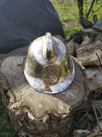 Original leather liner and chin strap inside the Soviet fireman helmet – detail 6