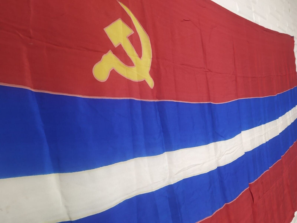 Gold hammer and sickle with red star on the USSR flag with blue stripe – detail 9