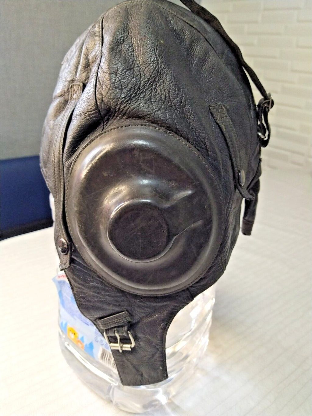 Cold War militaria leather flight helmet with chin strap, side view – detail 10