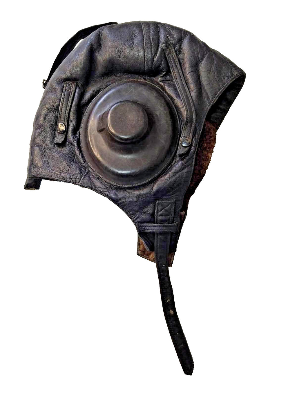 Cold War militaria leather flight helmet with chin strap, side view