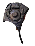 Cold War militaria leather flight helmet with chin strap, side view