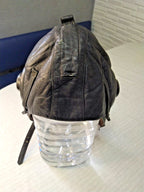 Cold War militaria leather flight helmet with chin strap, side view – detail 7