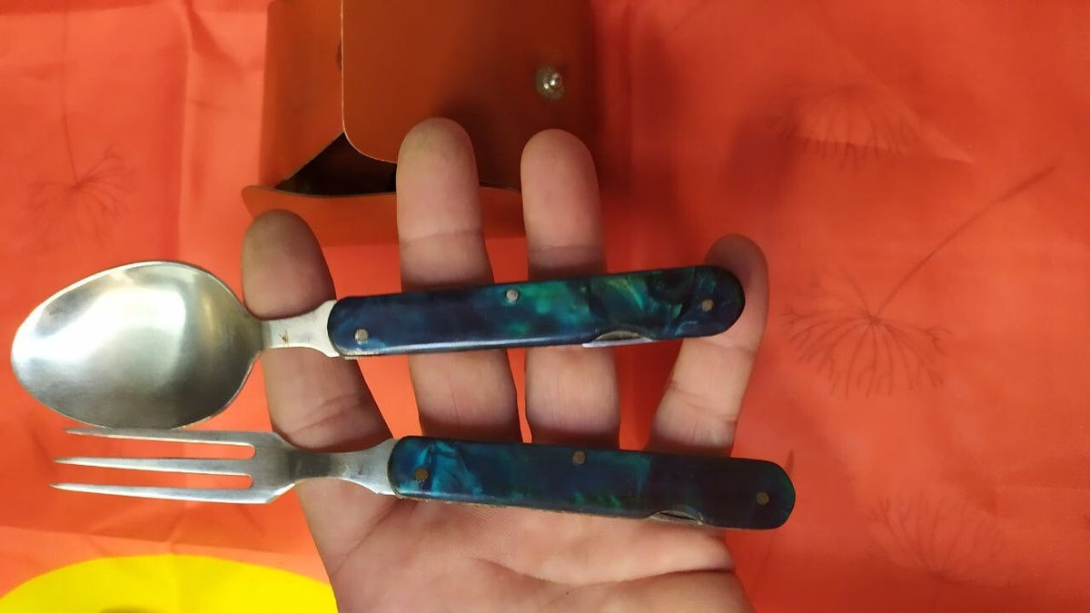 Vintage Soviet camping cutlery folded into marbled blue-green handles – detail 14