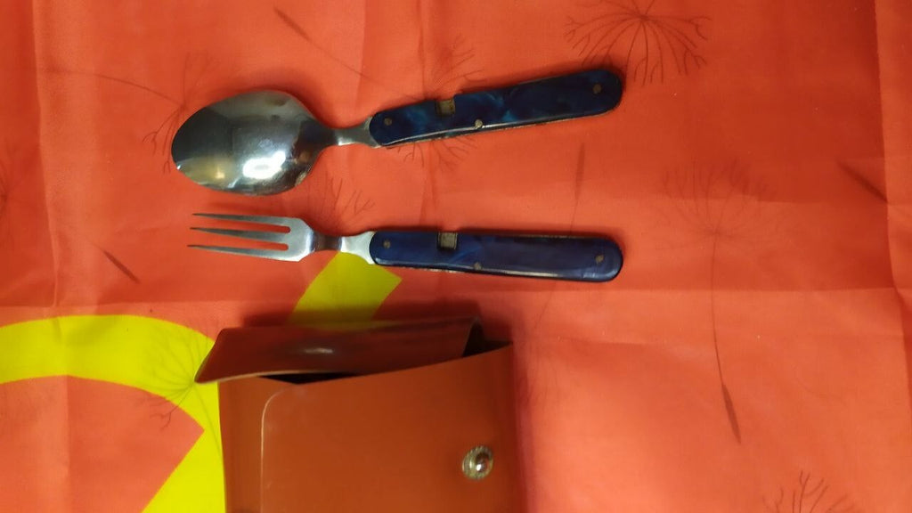 Vintage Soviet camping cutlery folded into marbled blue-green handles – detail 17