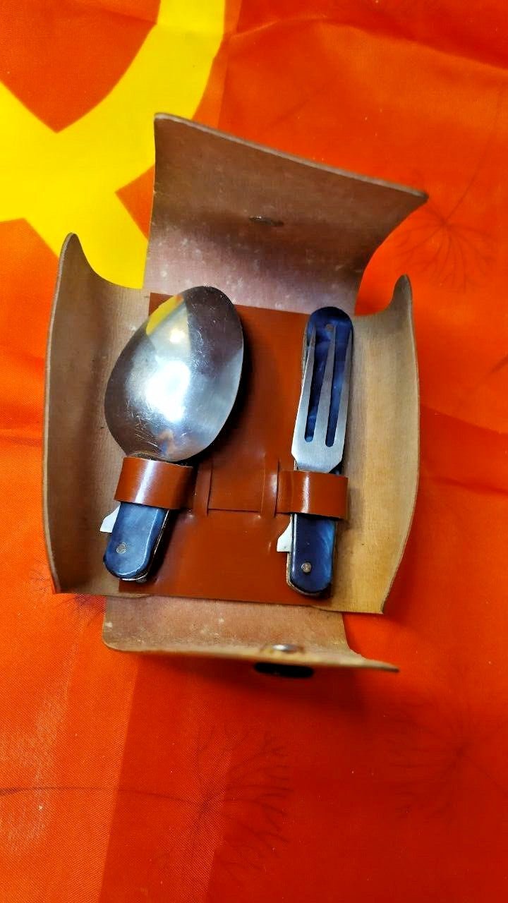 Vintage Soviet camping cutlery folded into marbled blue-green handles – detail 20