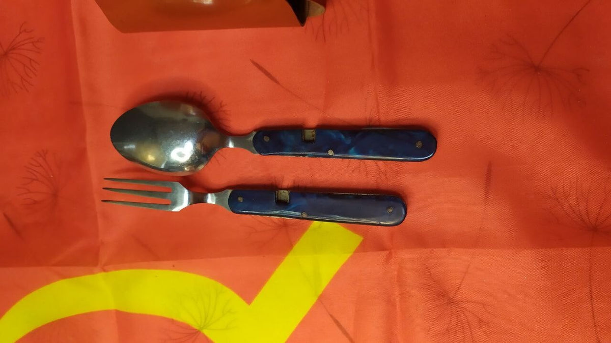 Vintage Soviet camping cutlery folded into marbled blue-green handles – detail 8