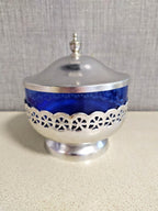 Soviet glassware cobalt blue sugar bowl in filigree melchior holder with lid