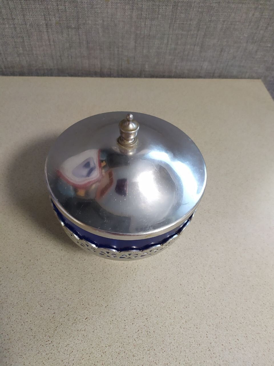 Soviet candy dish with removable metal lid and blue glass insert – detail 10