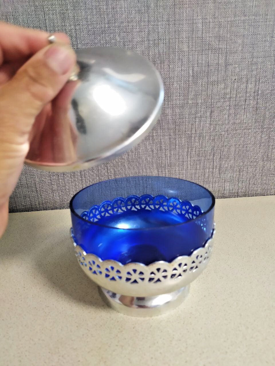 Soviet candy dish with removable metal lid and blue glass insert