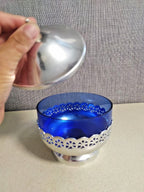 Soviet candy dish with removable metal lid and blue glass insert