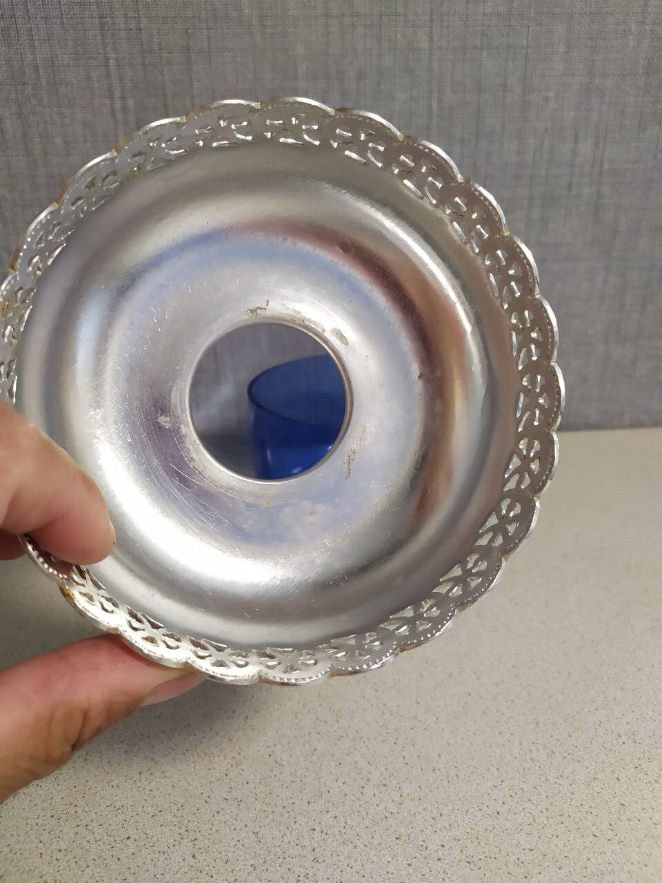 Soviet candy dish with removable metal lid and blue glass insert – detail 7